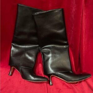 Elegant black overlay knee-high faux leather boots, size 40 (10 US)